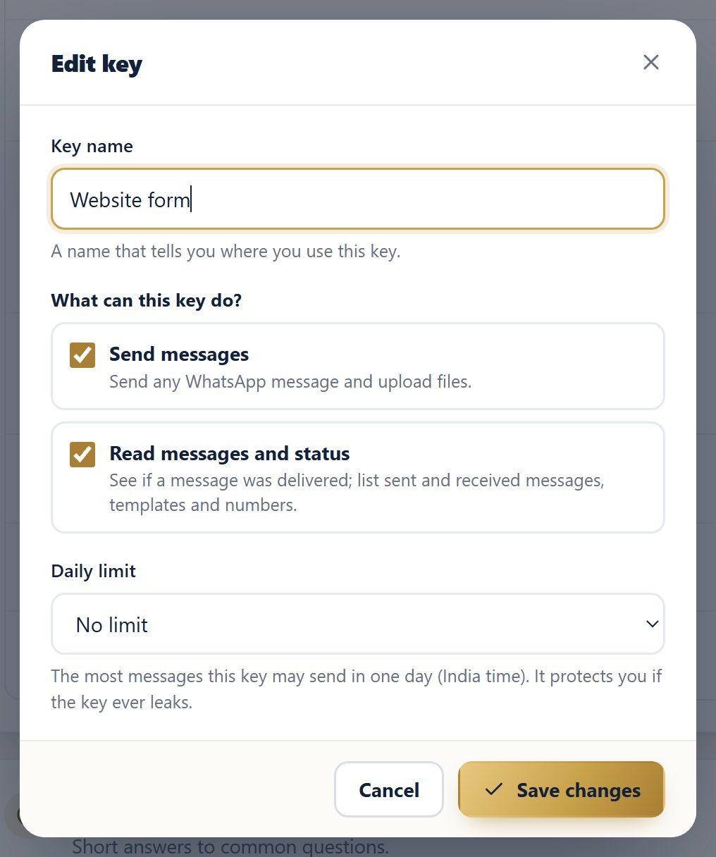 Edit key window with name, permissions and daily limit