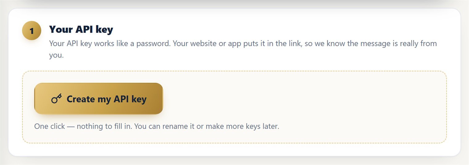 Step 1 of the WhatsApp API page with the Create my API key button
