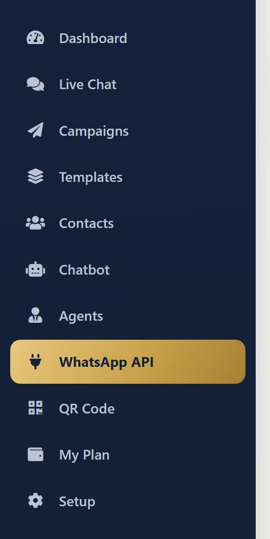 Panel left menu with the WhatsApp API item highlighted