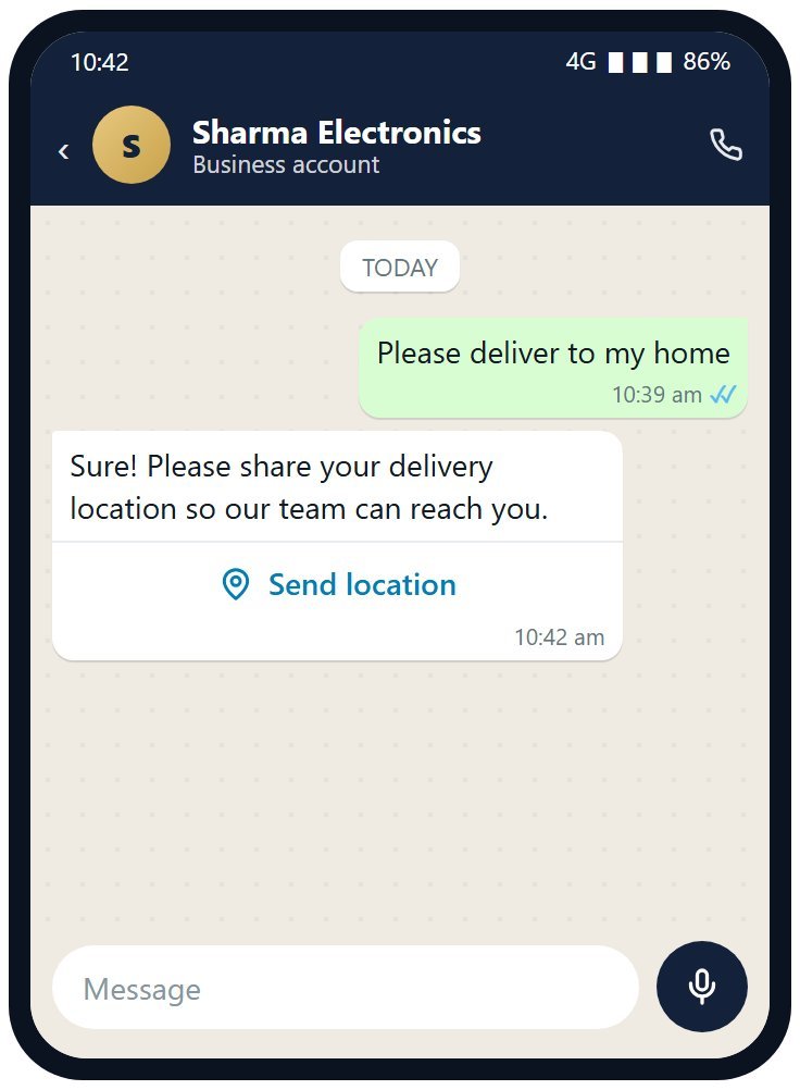 A message with a Send location button on the customer's phone