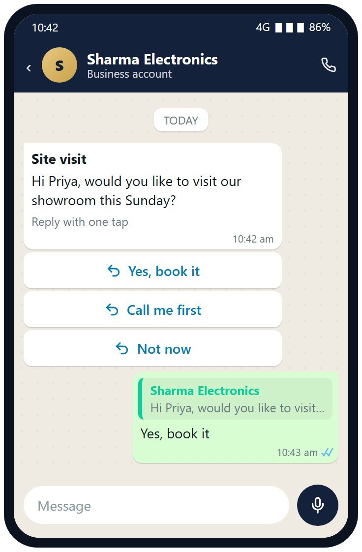 The customer tapped Yes, book it and the reply appears in the chat