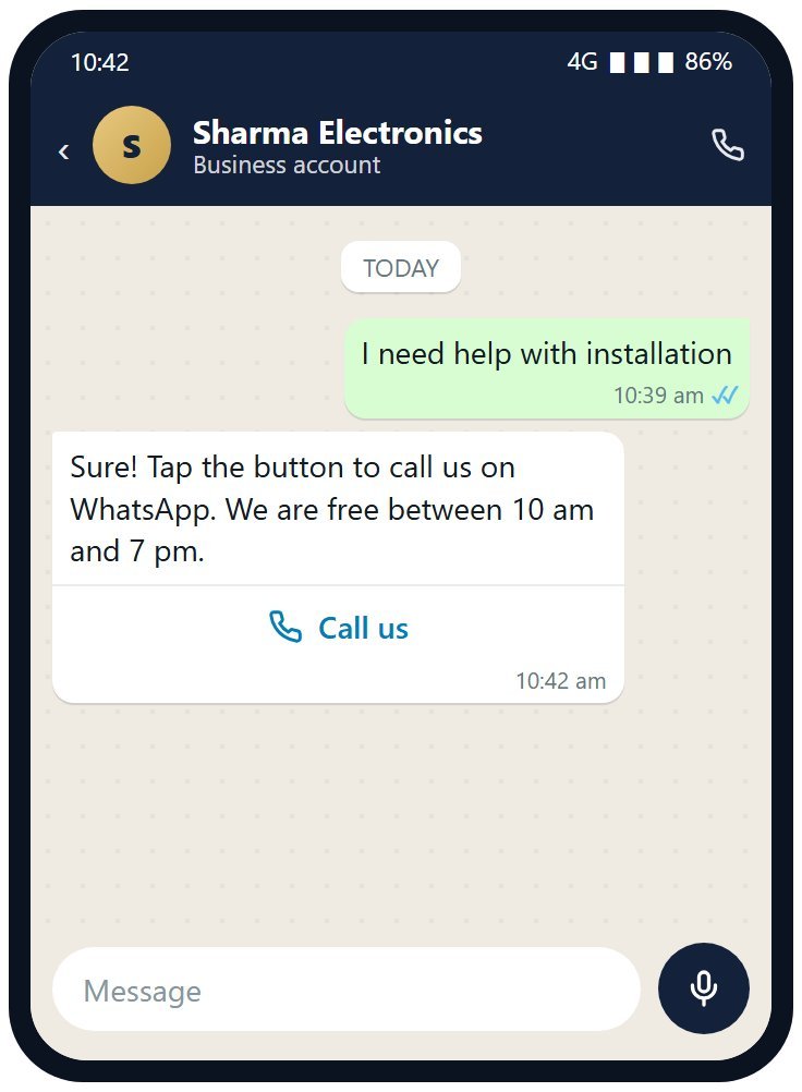 A message with a Call us button on the customer's phone