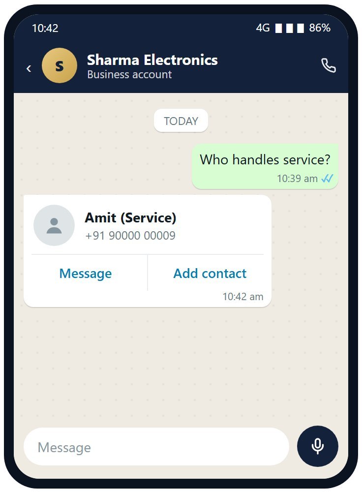 A contact card for Amit (Service) with Message and Add contact buttons