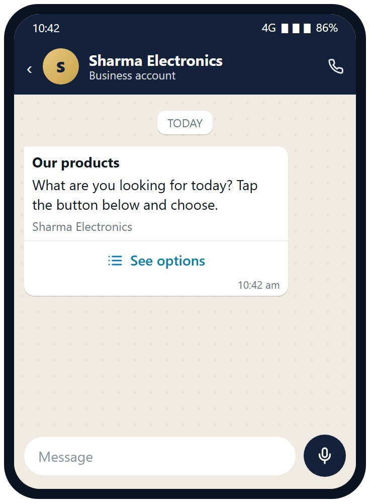 A list menu message with a See options button