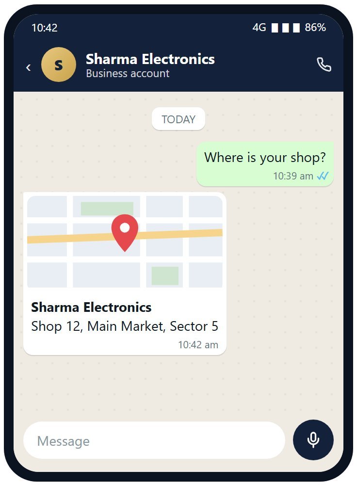 A location pin with the shop name and address on the customer's phone