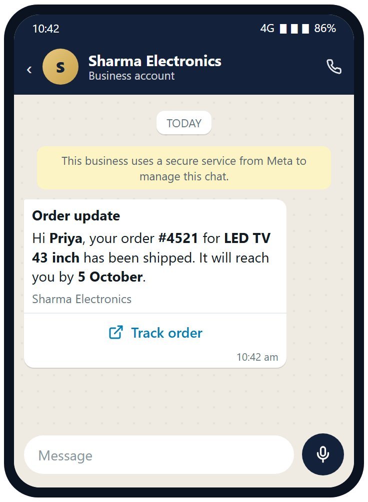 An order update template message with a Track order button on the customer's phone