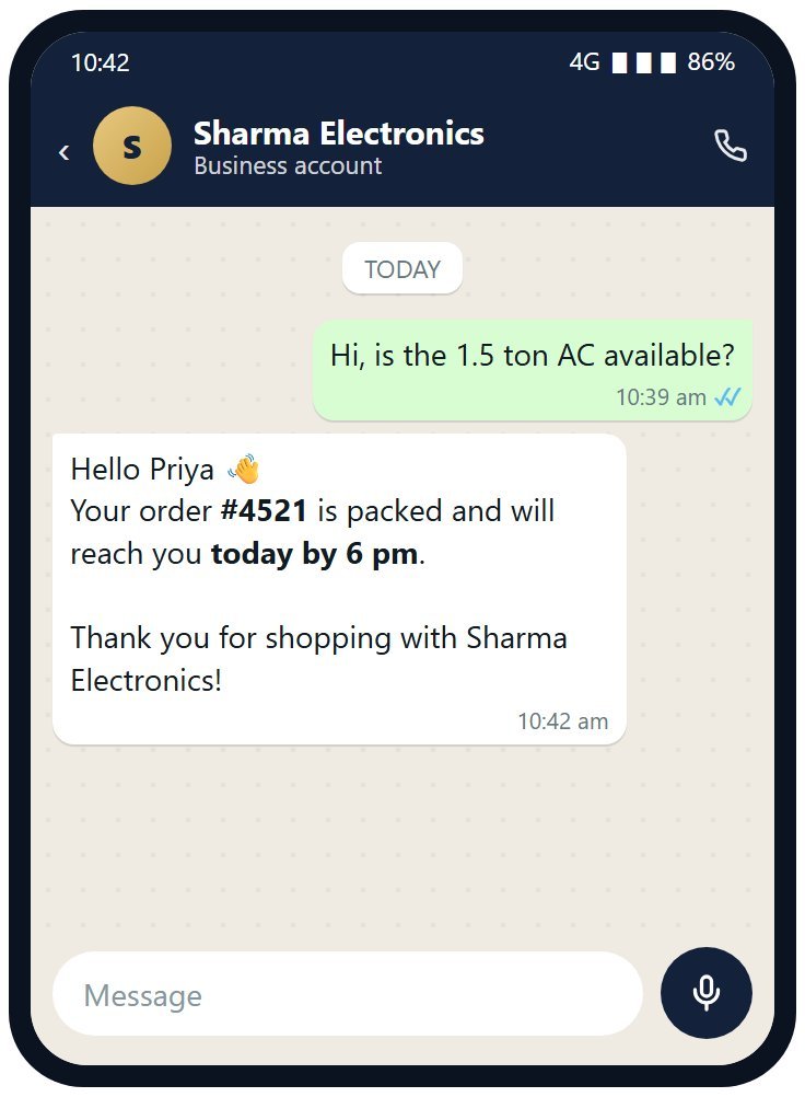 The text message as the customer sees it on WhatsApp