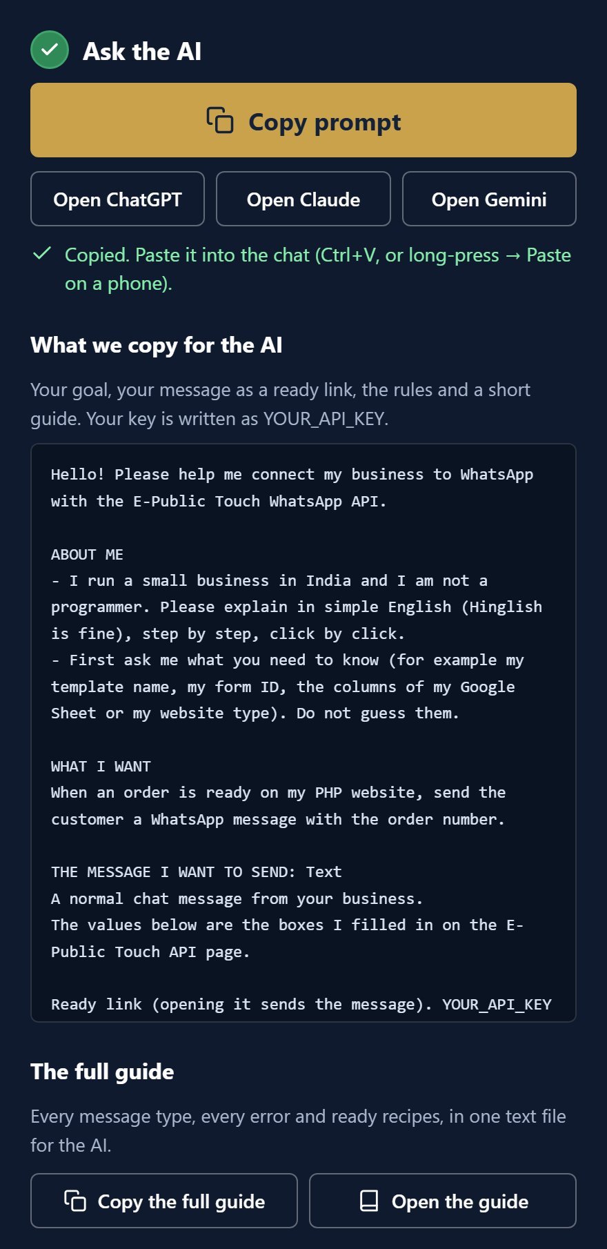 The Ask the AI panel after Copy prompt: Copied. Paste it into the chat, What we copy for the AI with the prompt, and The full guide with Copy the full guide and Open the guide