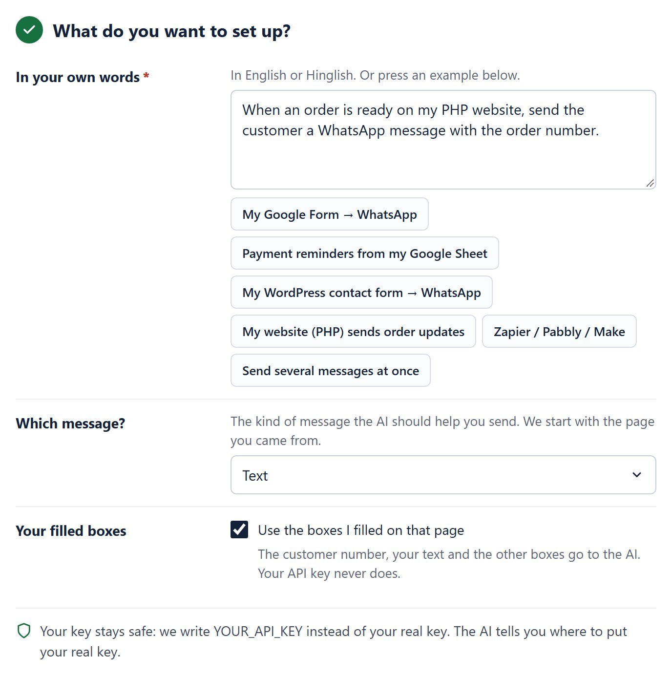 Step 2 What do you want to set up: the goal box, six example buttons, Which message set to Text, the Use the boxes I filled tick and the safety line