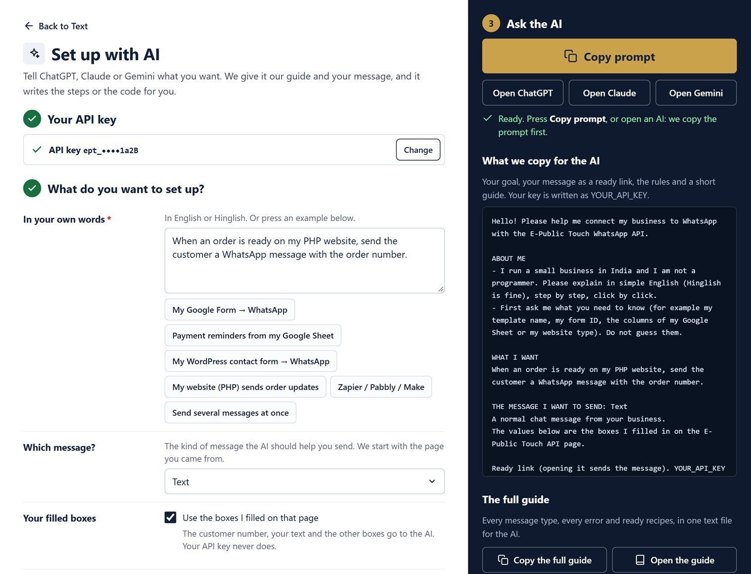 The Set up with AI page: the goal in your own words with example buttons in the middle, and Copy prompt, Open ChatGPT, Open Claude, Open Gemini and What we copy for the AI in the dark panel
