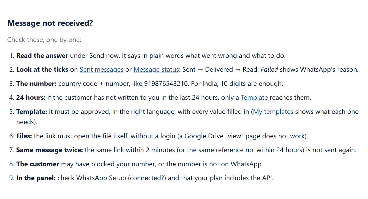 The Errors page of the API Tester: the Message not received checklist with nine points, from Read the answer to In the panel