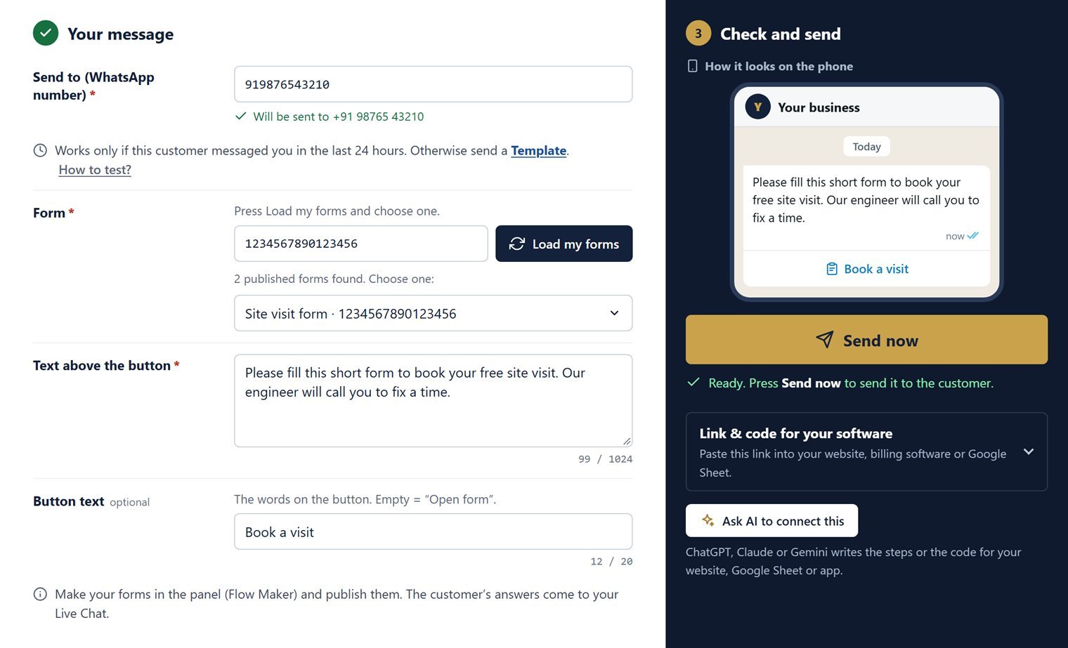 The Form page: Load my forms with Site visit form chosen, Text above the button, Button text and the note about Live Chat on the left, and the phone preview with the Book a visit button on the right