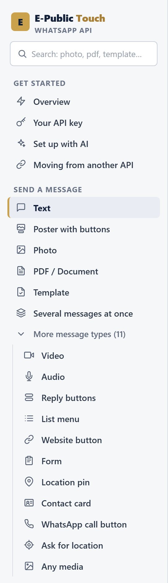 The left menu of the API Tester with More message types opened: Video, Audio, Reply buttons, List menu, Website button, Form, Location pin, Contact card, WhatsApp call button, Ask for location and Any media