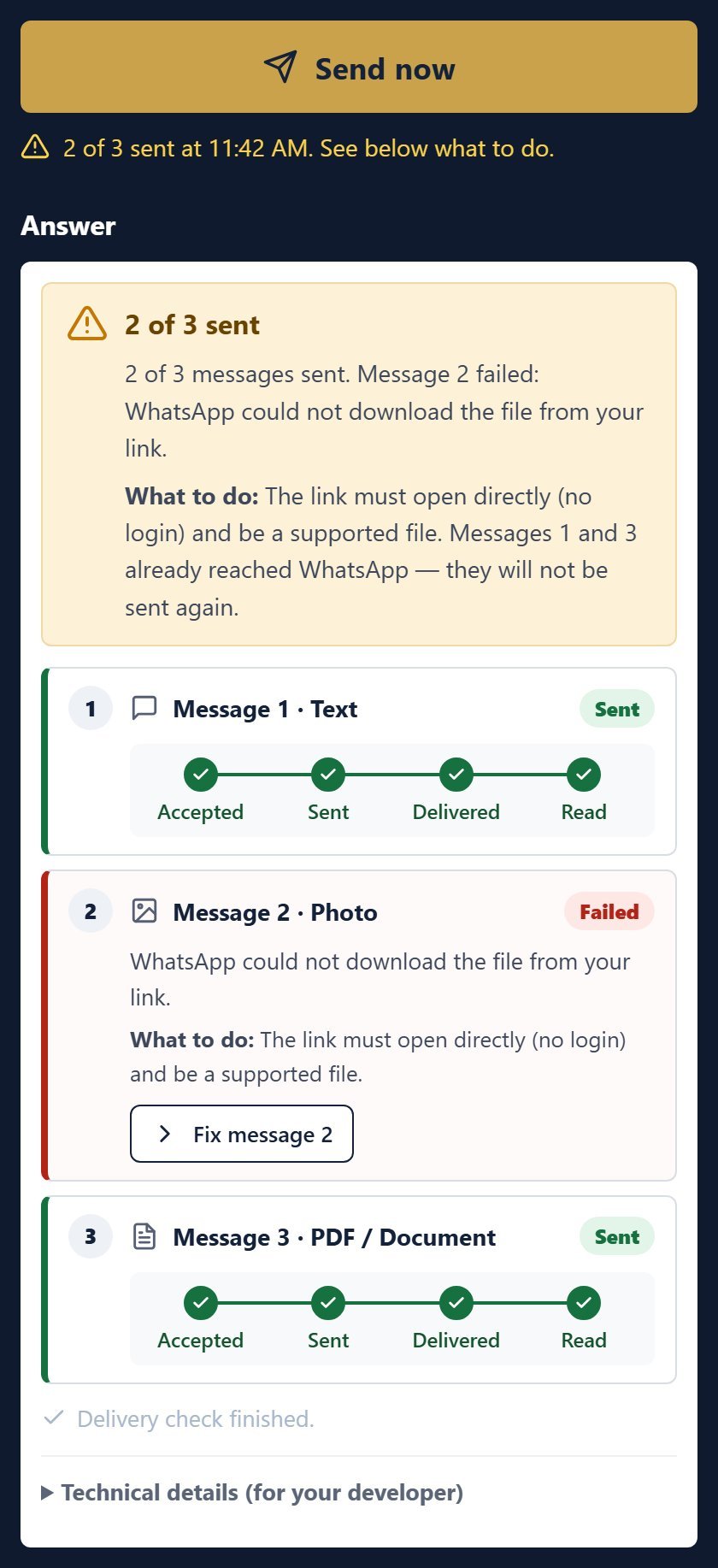 The answer for three messages: 2 of 3 sent, message 2 failed with What to do and a Fix message 2 button, messages 1 and 3 sent with their ticks