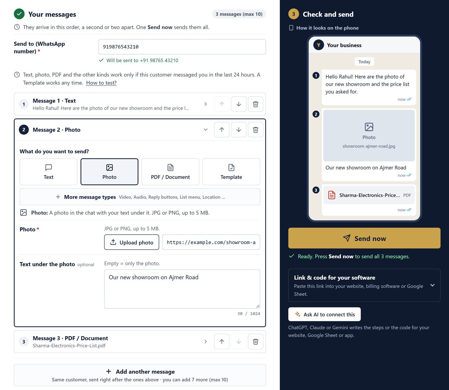 Your messages with three message cards in the API Tester: Text, Photo (open) and PDF / Document, and the Add another message button, with the phone preview of all three messages on the right