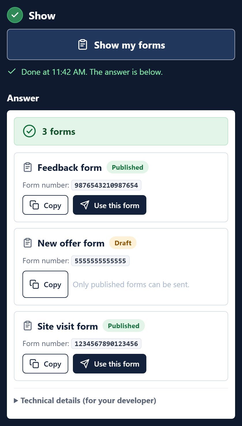 My forms in the API Tester: three forms with their Form number, a Copy button and Use this form, and a draft form that cannot be sent yet