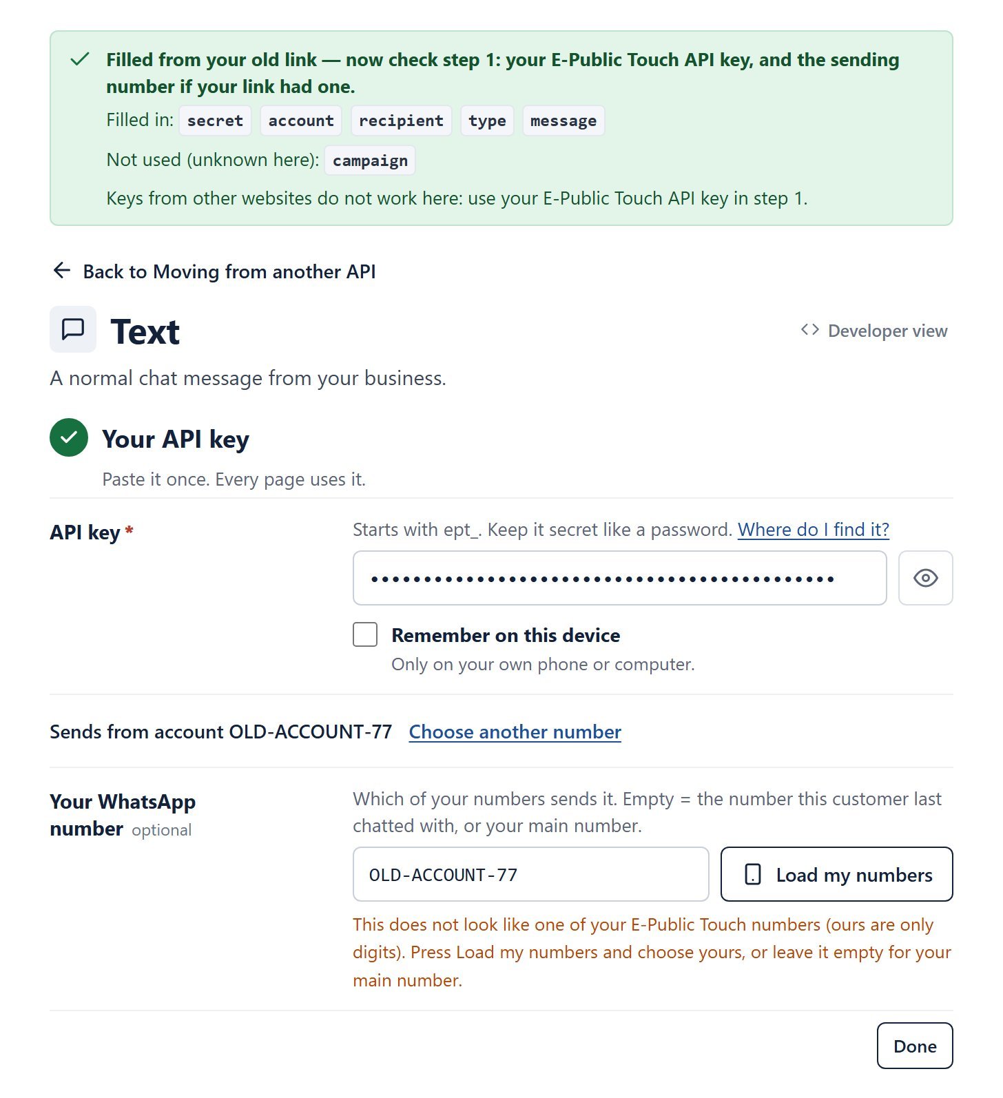 After Fill the boxes: the green box lists what was filled in and not used, Back to Moving from another API, and step 1 open with the API key, Sends from account and Your WhatsApp number with Load my numbers