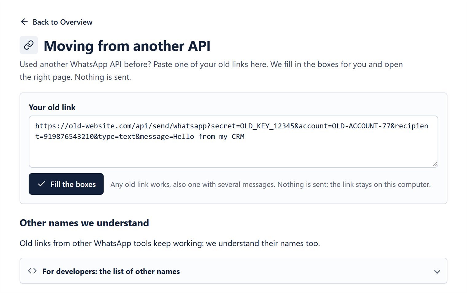 The Moving from another API page with an old link pasted in Your old link and the Fill the boxes button