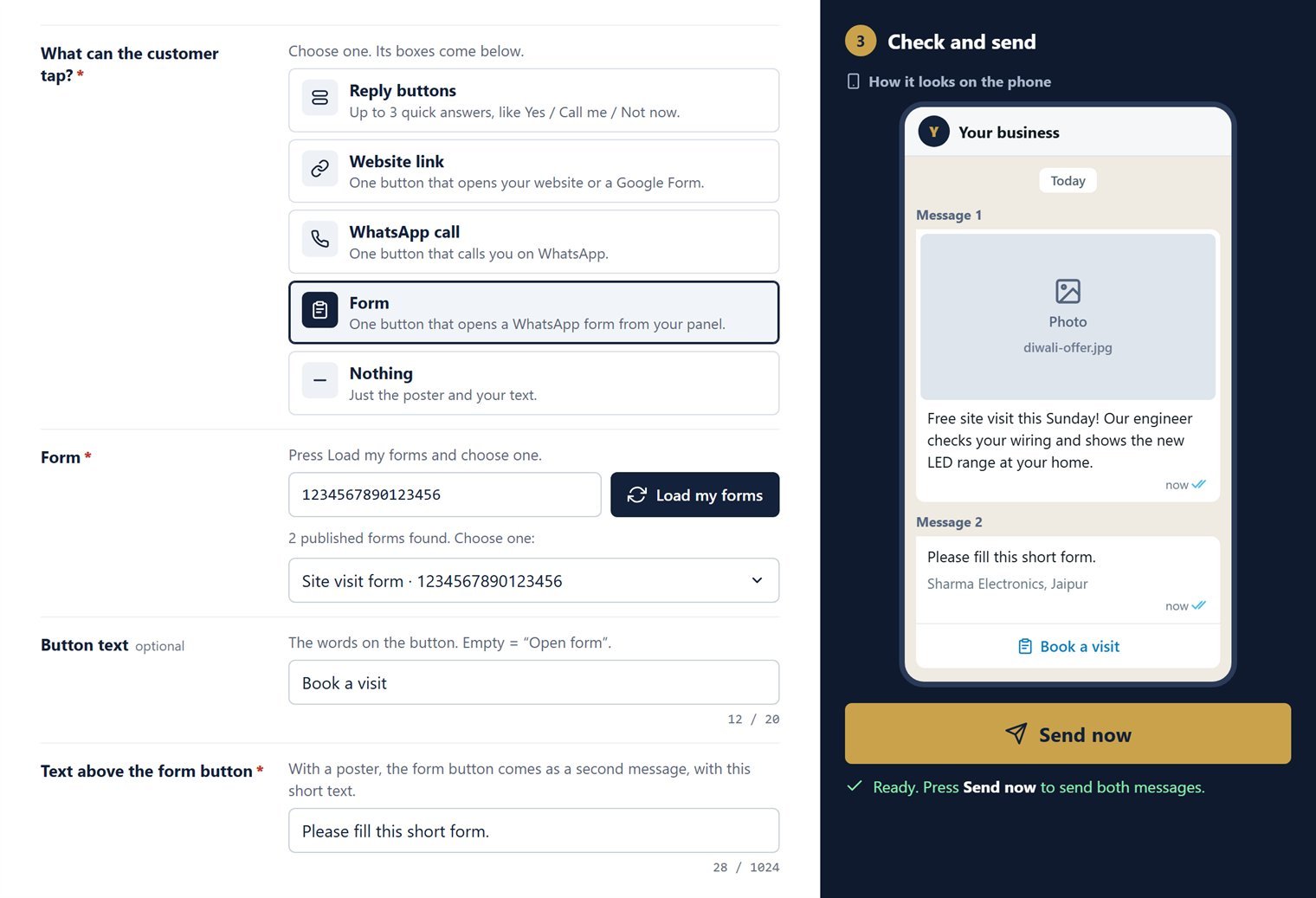 Poster with buttons with Form chosen: the form, button text and text above the form button on the left, and the phone preview with Message 1 (the poster) and Message 2 (the Book a visit button) on the right