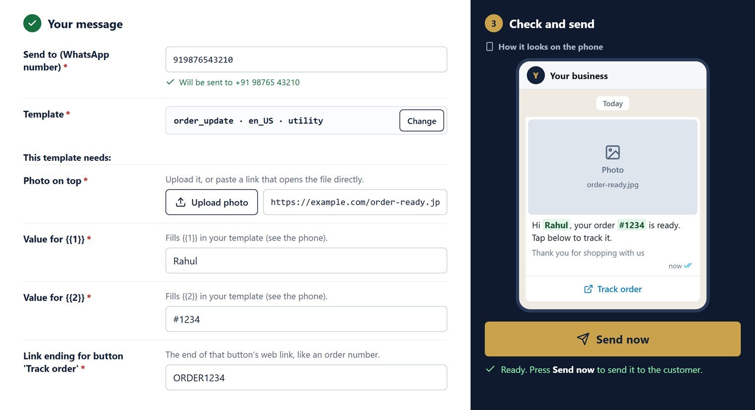 Template order_update chosen in the API Tester: one box for each value on the left, and the phone preview with the photo, the filled text and the Track order button on the right